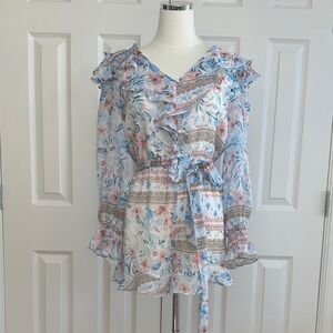 Fate Blue Pink Floral Ruffle Long Sleeve Resort Vacation Bohemian Romper Size S